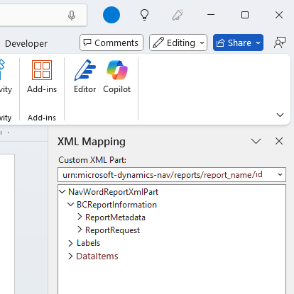Clip of the XML Mapping pane in Word.