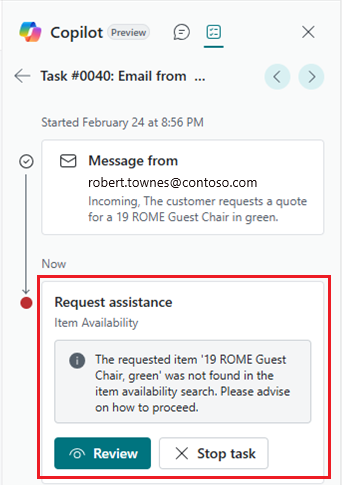Screenshot of the Sales Order Agent task tab that shows a request-for-assistance step about item availability