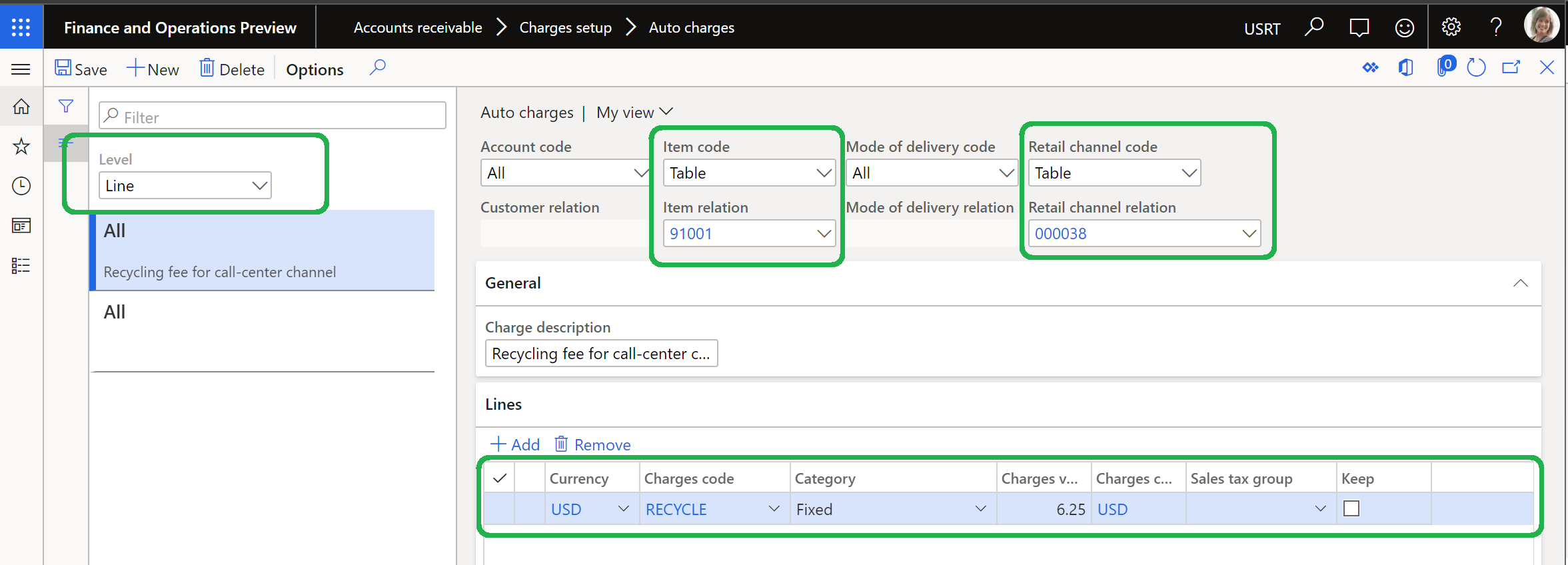 Configuration of the line-level auto charge and the auto charges line.