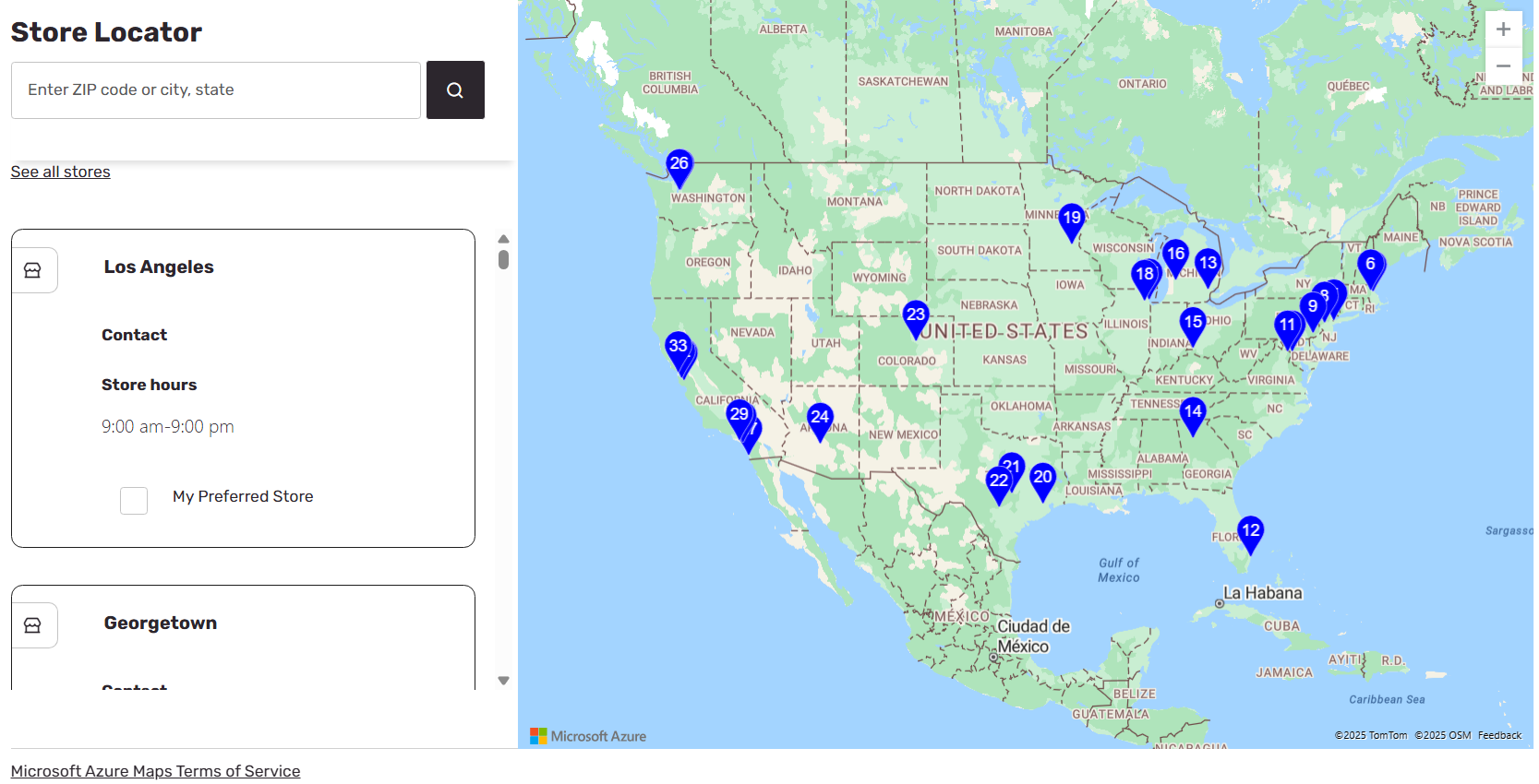 Example of a store selector module and Azure Maps module on a store locations page.