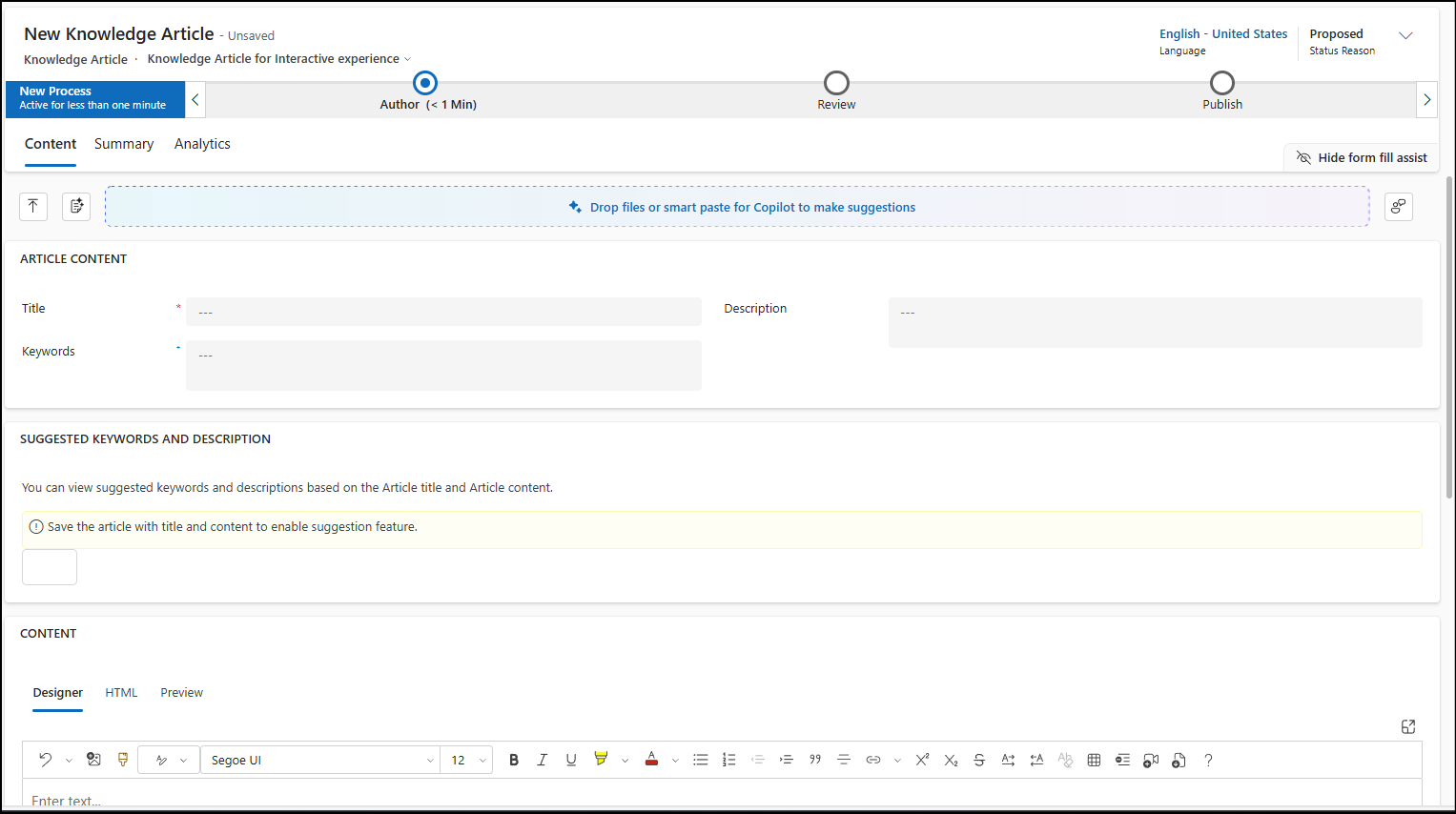 Screenshot of new knowledge article page.