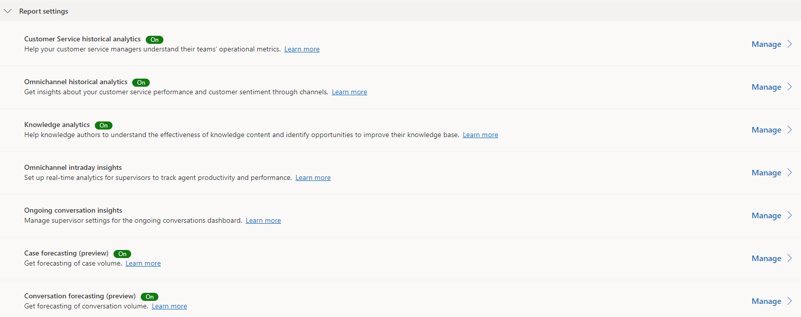 Screenshot of the Insights page in Copilot Service admin center