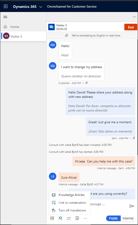Real-time language translation for the representative.