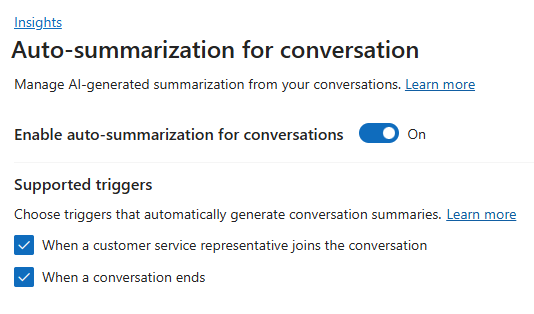Screenshot of the AI-generated summary settings.