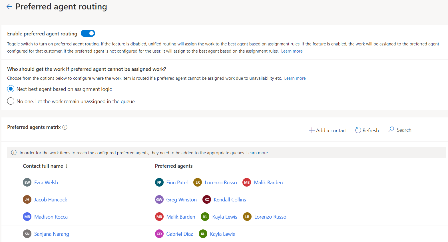 Screenshot of the Preferred representative routing settings page, showing contacts and their preferred representatives.