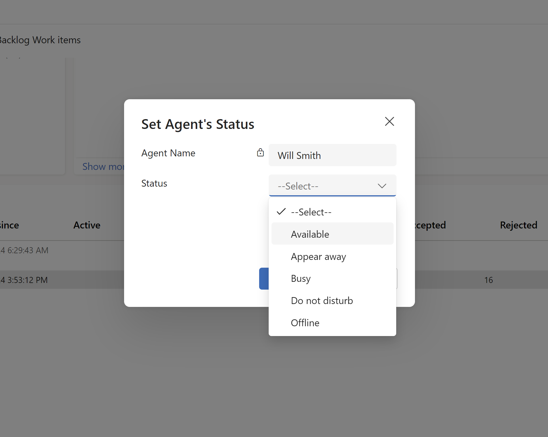 Screenshot of the agent status report