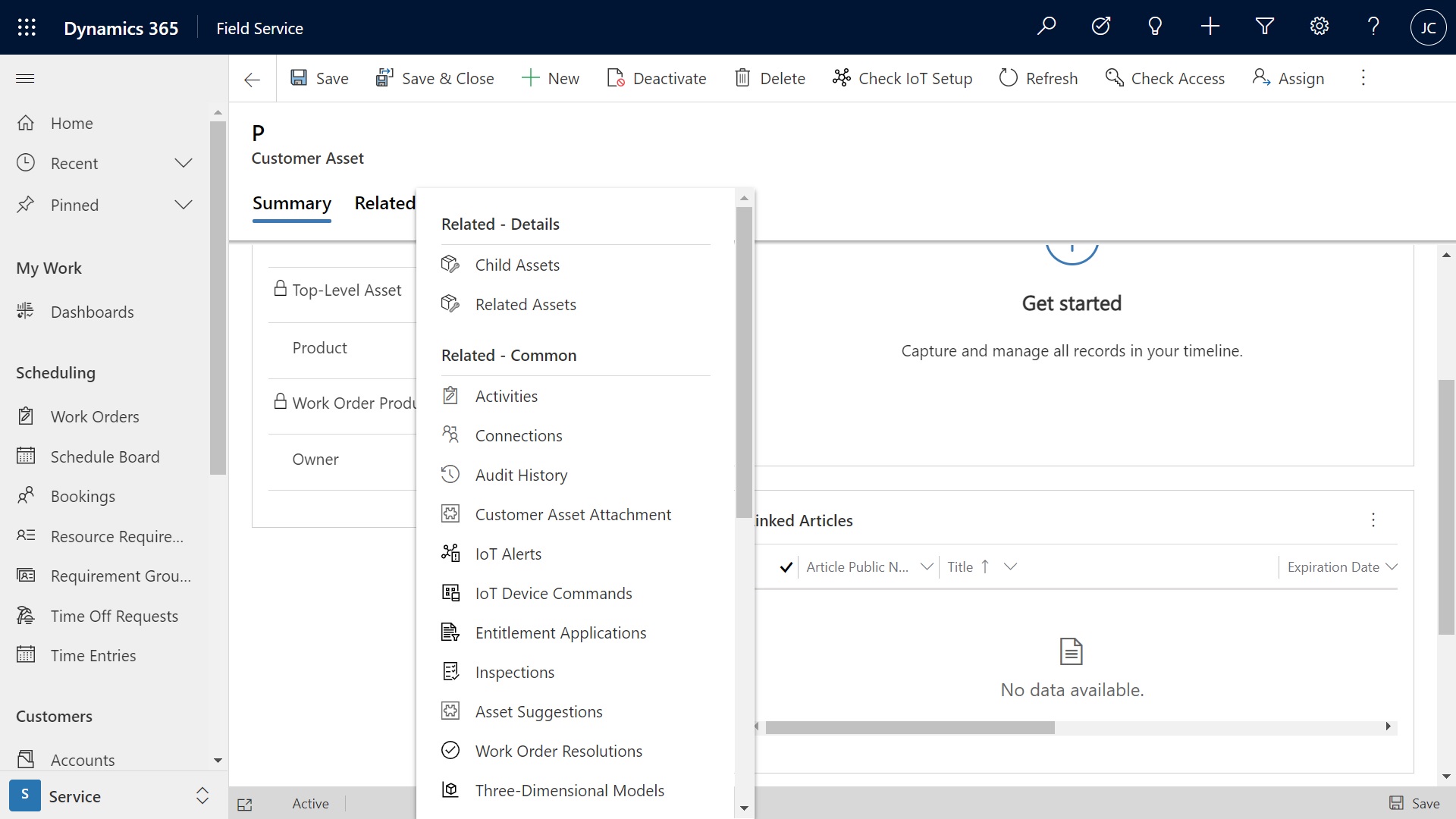 Screenshot in Field Service showing the Inspections option on the Related tab of the customer asset.