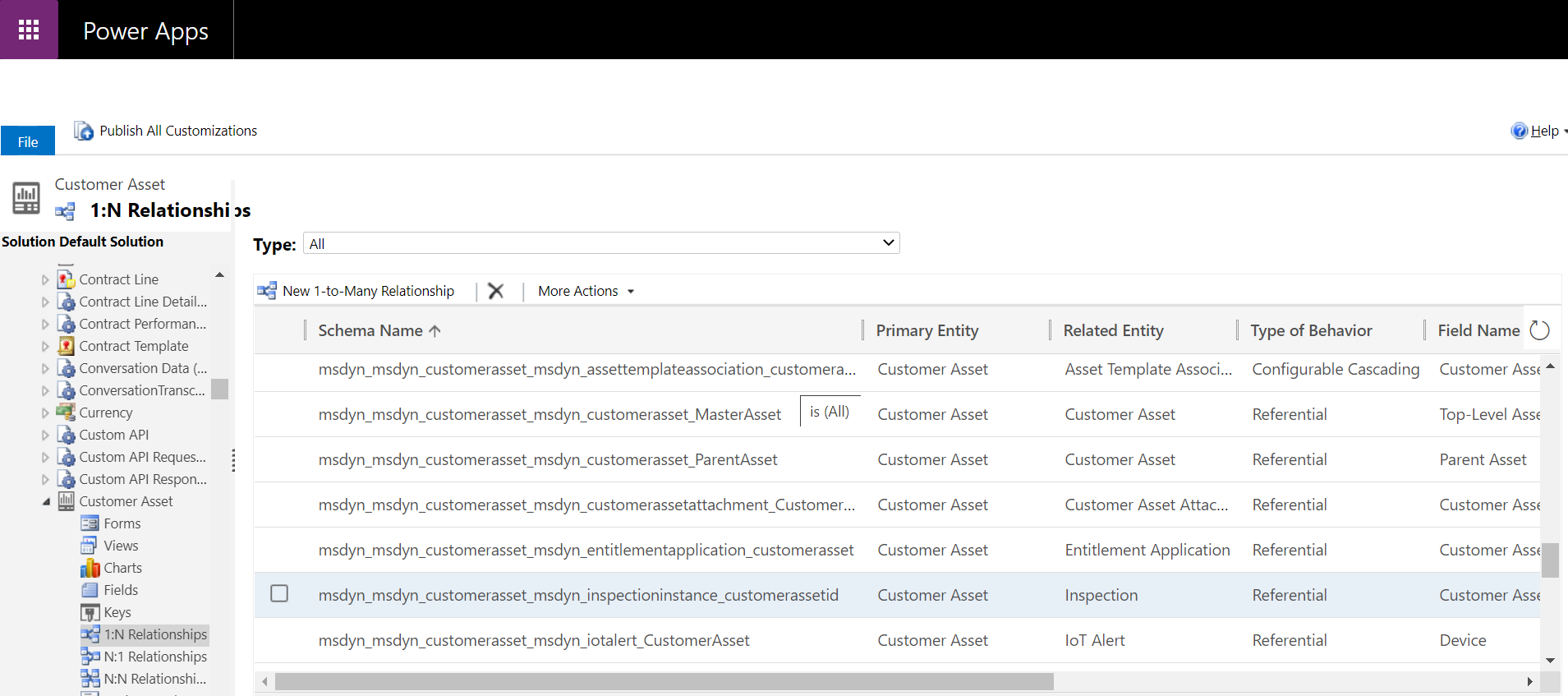 Screenshot of Power Apps showing the inspection relationship with a customer asset.