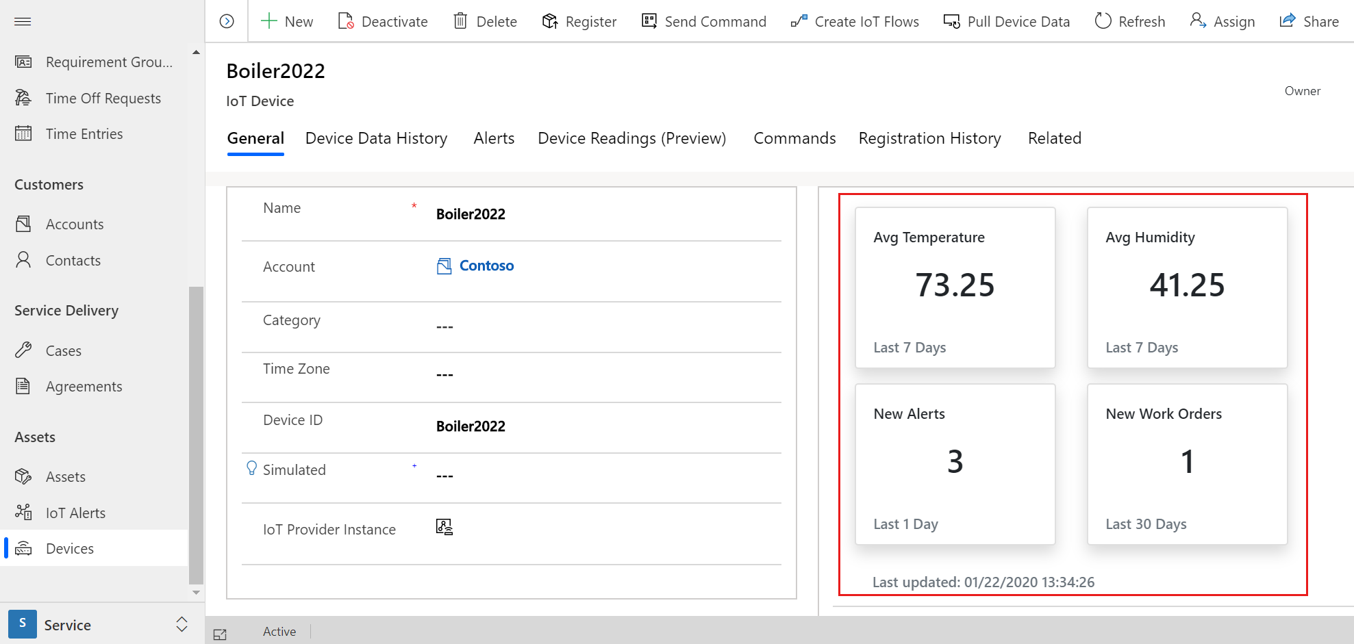Screenshot of an IoT device in Field Service, showing aggregate readings.