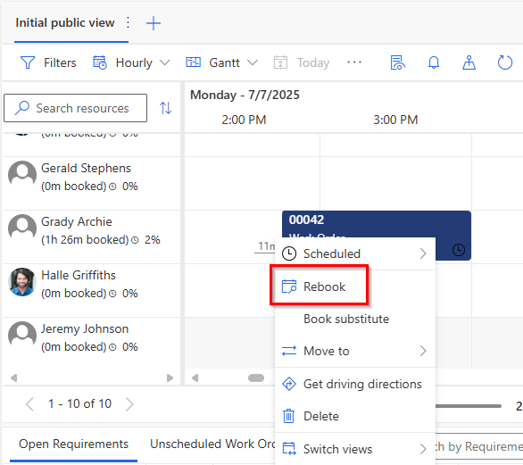 Screenshot of the schedule board, showing the rebook option.