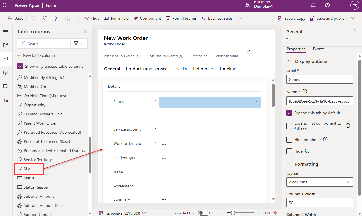 Screenshot of adding the SLA field to the Work Order form.