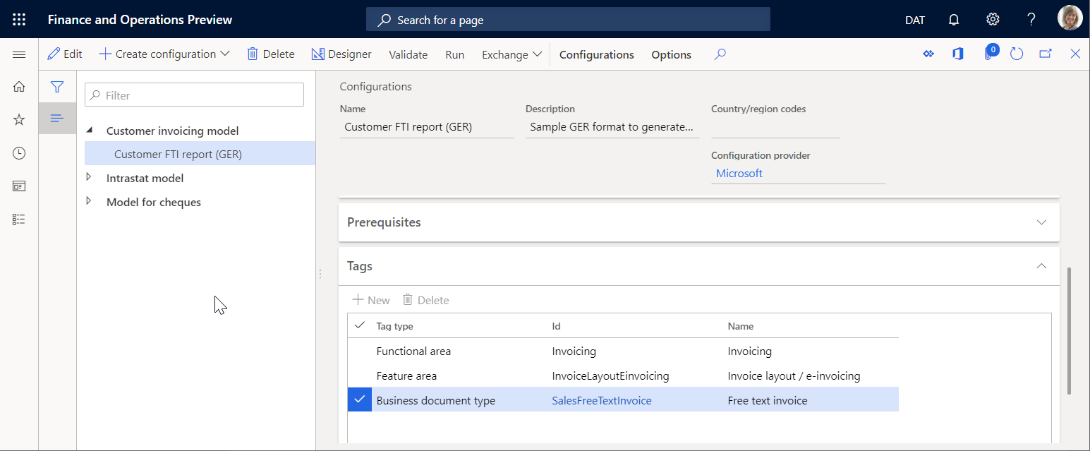 ER configurations page with Business document type tag.