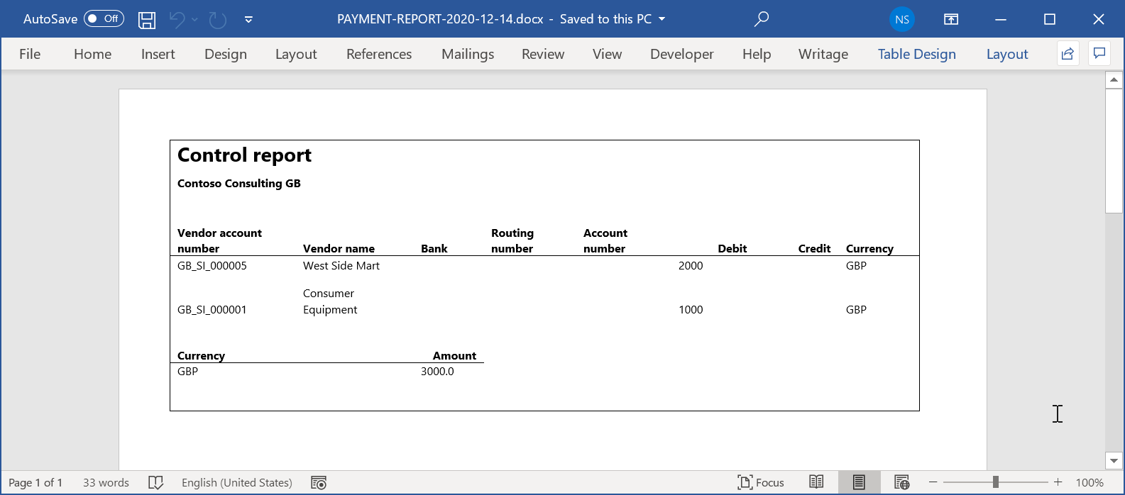 Generated output in Word format.