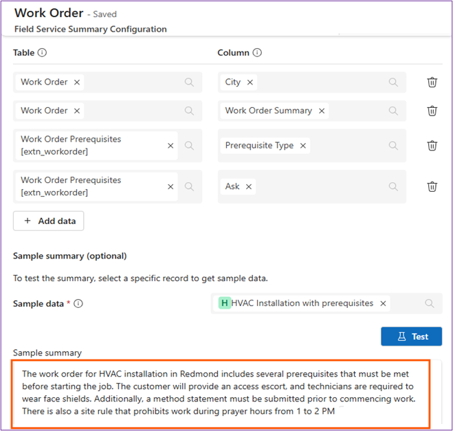 Work order summary preview with custom table data