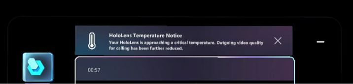 Screenshot of HoloLens message showing that device is continuing to heat up.