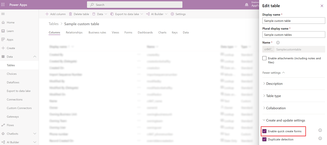 Enable the table for quick create.