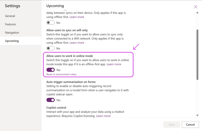 Settings where users enable Online mode for the Offline first application.