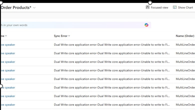 Dual-write errors displayed on the Intelligent Order Management Order Products screen.