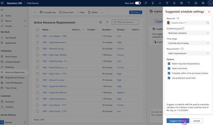 Screenshot of options presented to the dispatcher to optimize a resource schedule
