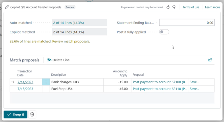 Copilot helps by suggesting the right ledger accounts to post residual transactions.