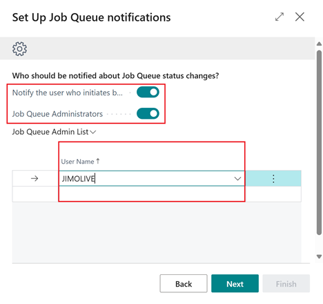 Step where you define who to notify when job queues have an issue