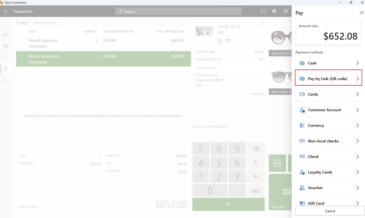 Screenshot of the Store Commerce app with the Pay by Link (QR code) payment method highlighted.