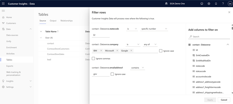 Row filters support multiple conditions and operators