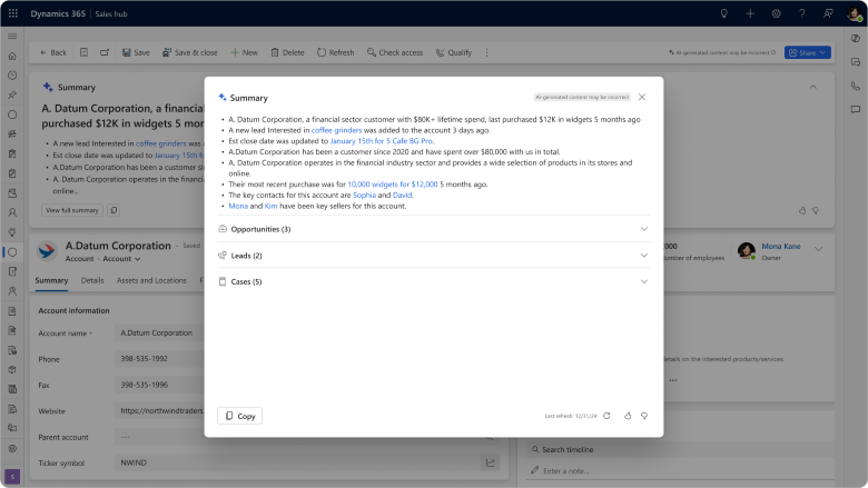Account summary in modal pop-up to read all details