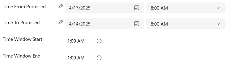 Screenshot of the updated Work Order experience highlighting the Time Promised fields