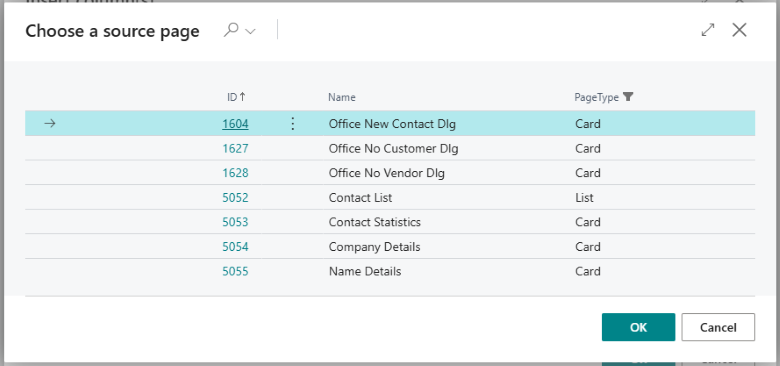 Example of choosing the page to pick fields from, among pages for the selected table