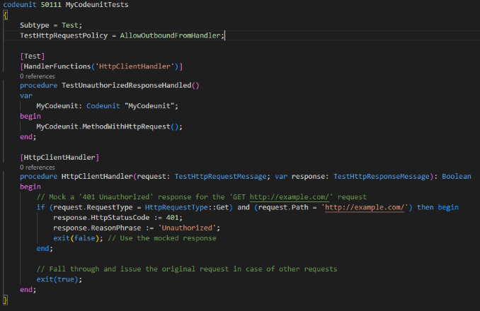 Example of test case mocking the external web service call by using the HttpClientHandler