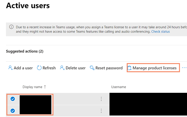 Screenshot of assigning licenses to multiple users.