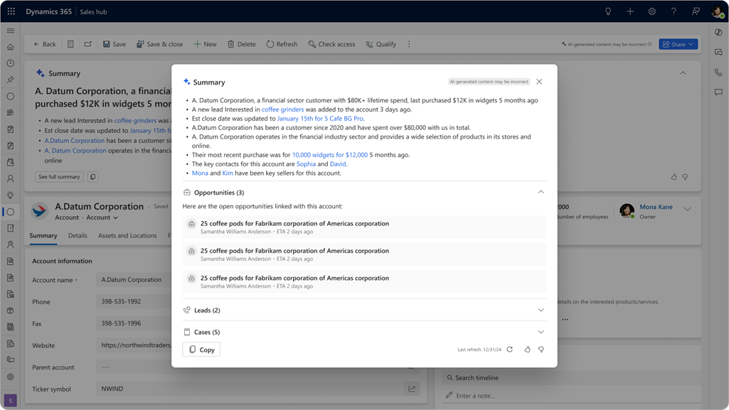 Screenshot of the Copilot account summary pop-up window in Dynamics 365 Sales.