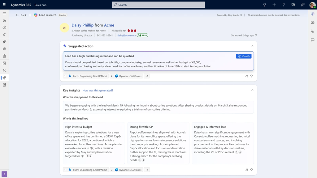 Screenshot of the Copilot lead insights page for a lead record in Dynamics 365 Sales.
