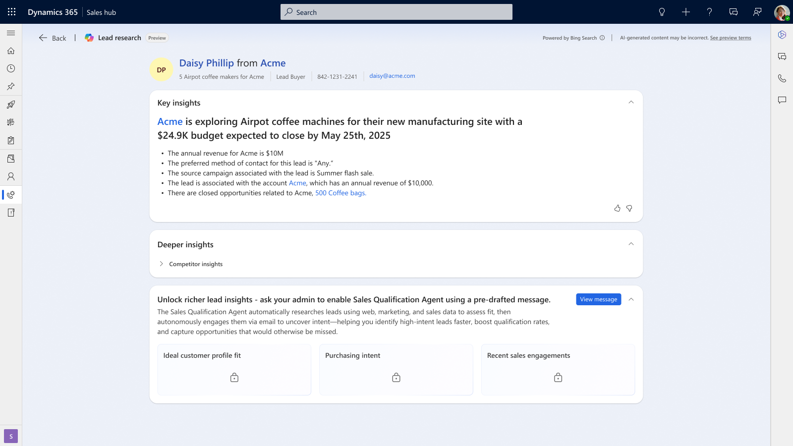 Screenshot of the Copilot lead insights page in Dynamics 365 Sales.