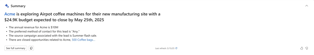 Screenshot of the Copilot summary insight bar details for a lead record in Dynamics 365 Sales.