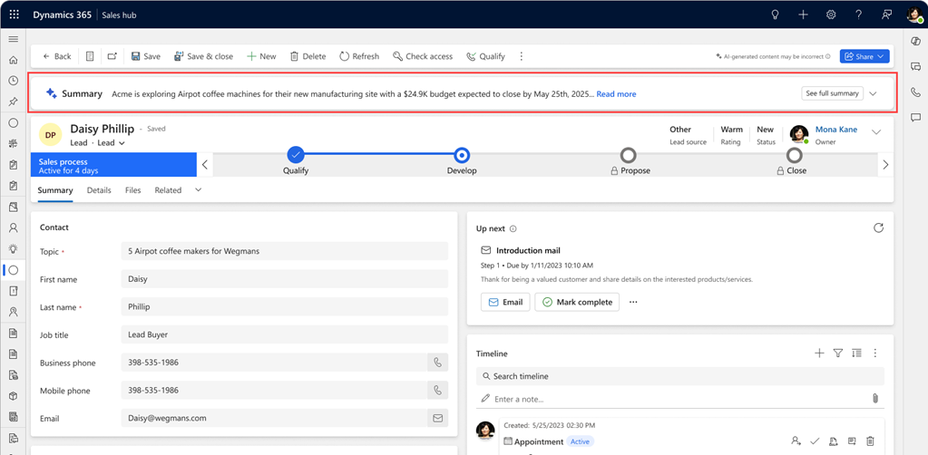 Screenshot of the Copilot summary insight bar for a lead record in Dynamics 365 Sales.