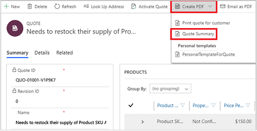 Screenshot of a quote form showing the Create PDF button on the command bar.