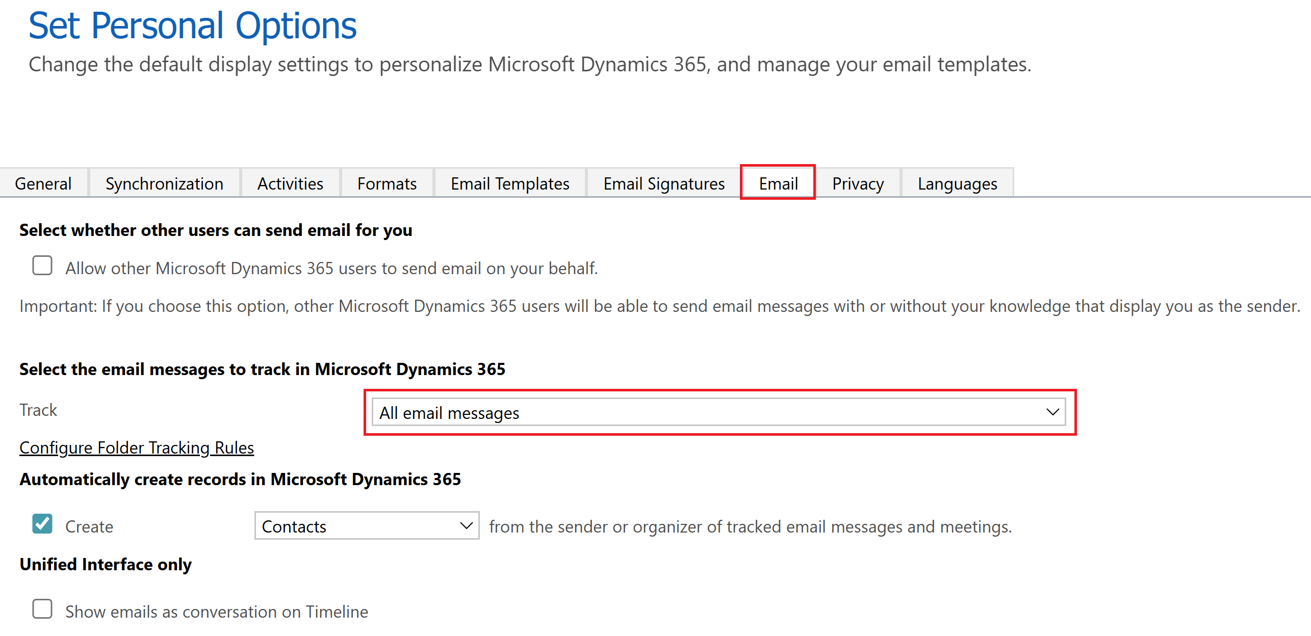 Screenshot of the Personalization settings page in Dynamics 365 Sales with the All email messages option selected.
