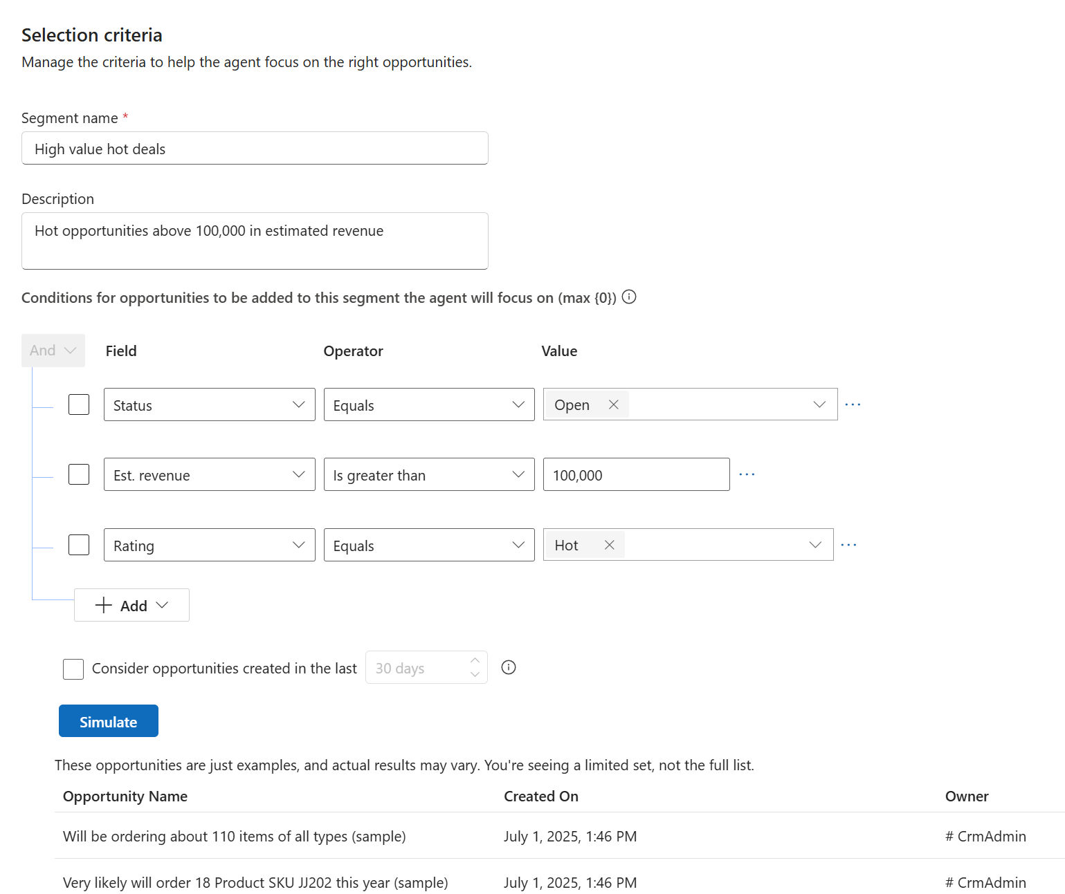 Screenshot of the Selection criteria tab for Opportunity Research Agent.