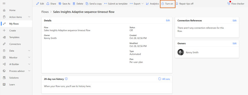 Screenshot of enabling the Sales Insights Adaptive sequence timeout flow in Power Automate.