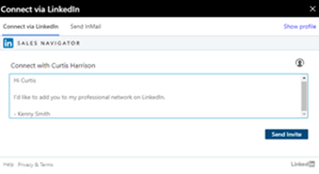 Screenshot of the LinkedIn connect side pane in Dynamics 365 Sales.