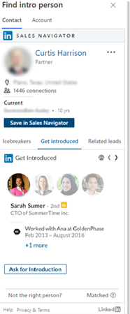 Screenshot of the LinkedIn Get introduced tab on the Find intro person side pane.