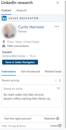 Screenshot of the LinkedIn research side pane in Dynamics 365 Sales.