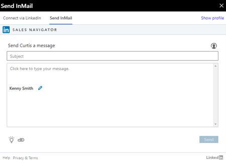 Screenshot of the LinkedIn Send InMail side pane in Dynamics 365 Sales.