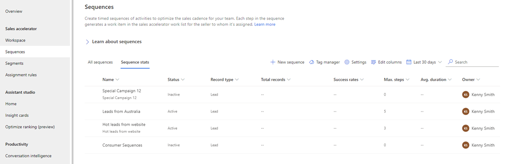 Screenshot of the sequence stats page.