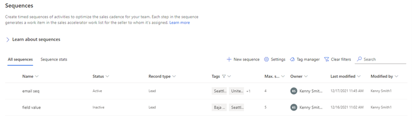 Screenshot of list of filtered sequence.