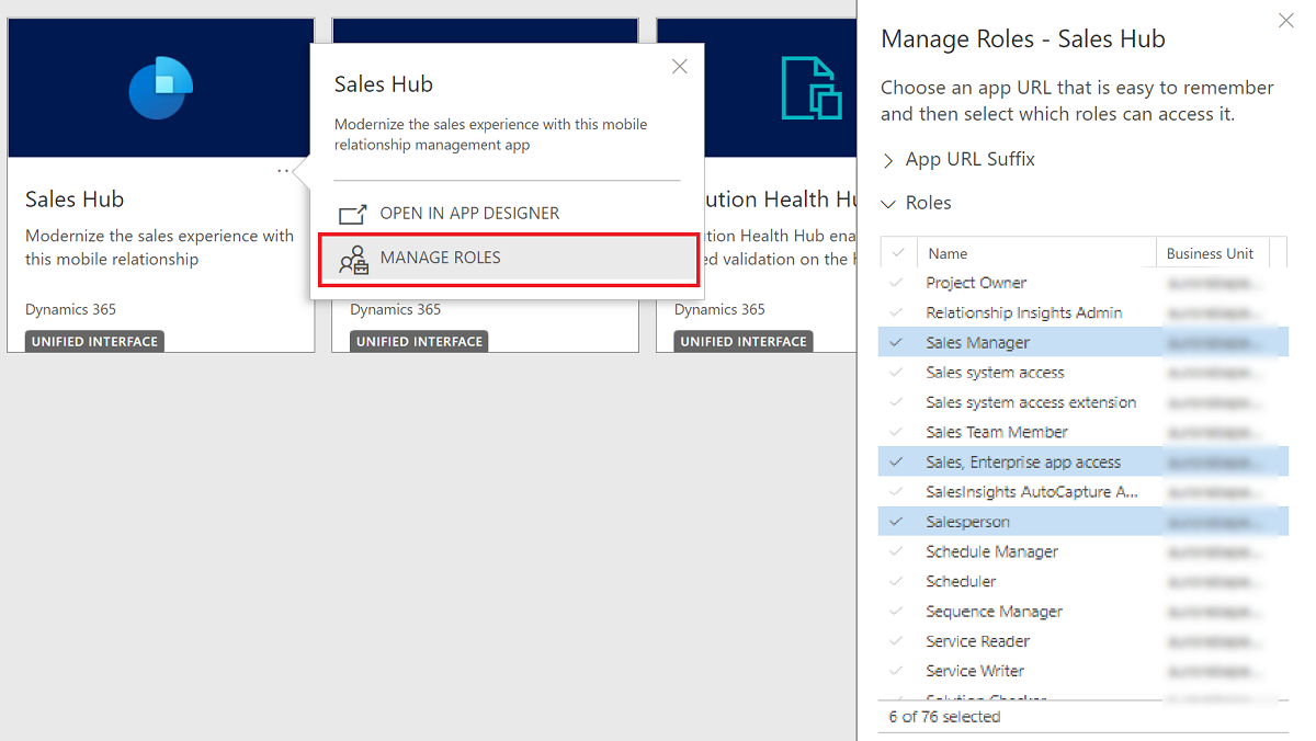 Screenshot of the Manage Roles pane, with roles that already have access highlighted in blue.