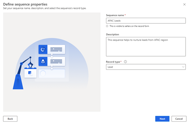 Screenshot of the Create a sequence dialog in Dynamics 365 Sales.