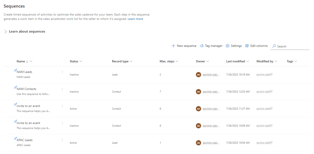 Screenshot of the Sequence designer home page in Dynamics 365 Sales.